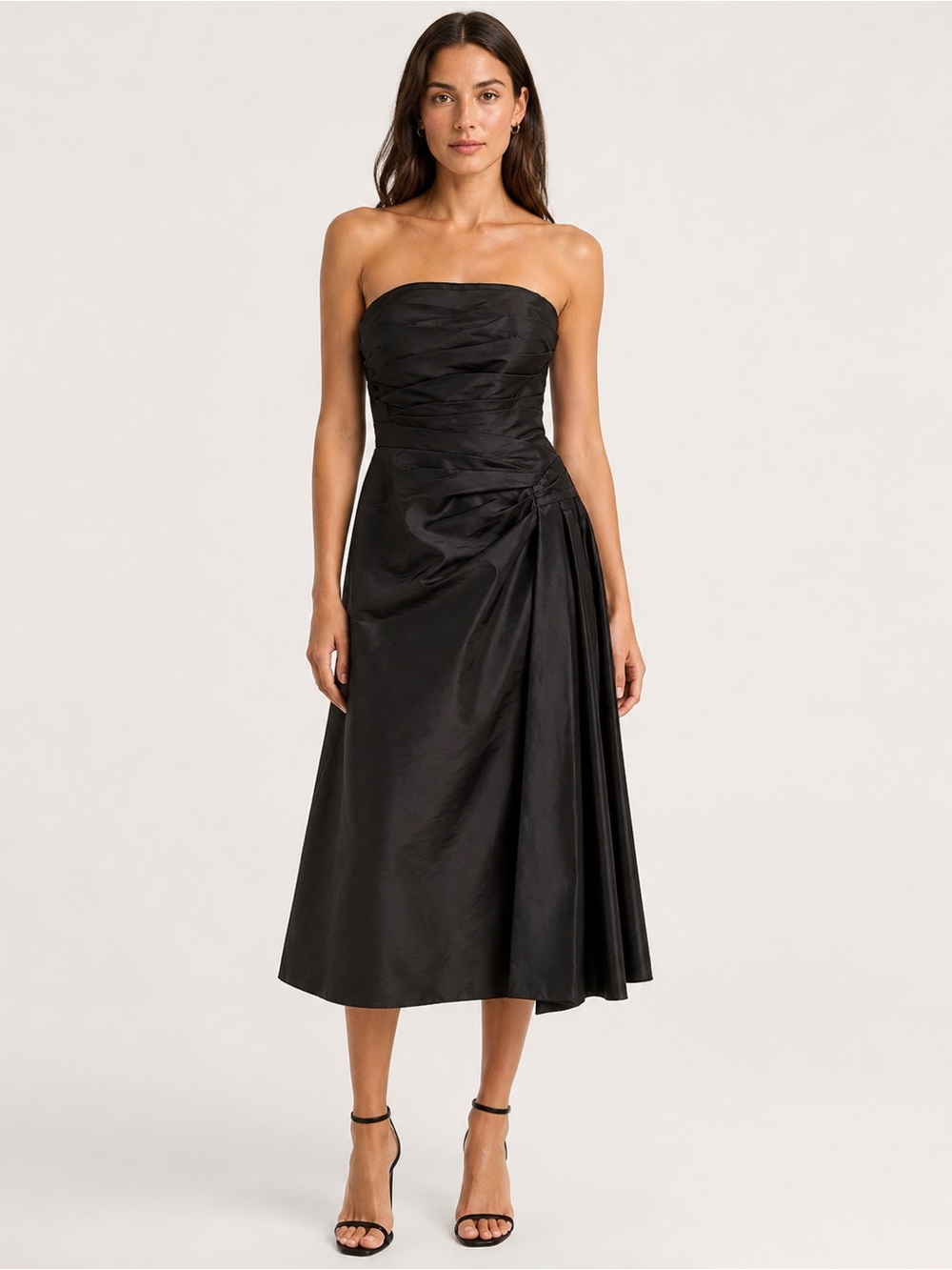 Strapless Black Midi Dress with Side Gather and Draped Skirt